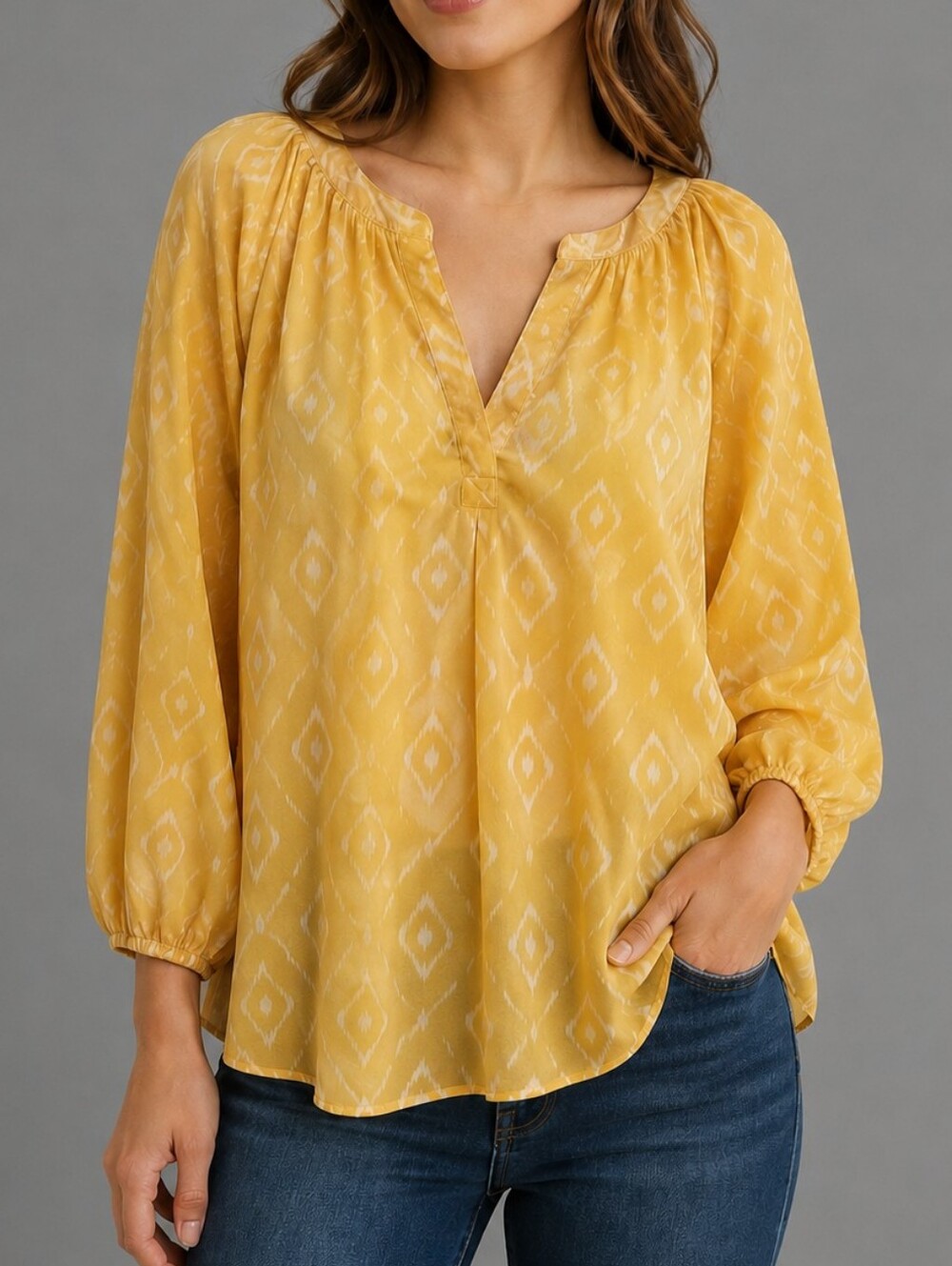 SIONI Canary Yellow Geometric Ikat Split Neck Poet Blouse